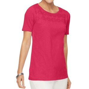 Talbots Subtle Floral Cotton Short Sleeve Round Neck Top XLP Vibrant Pinkish Red